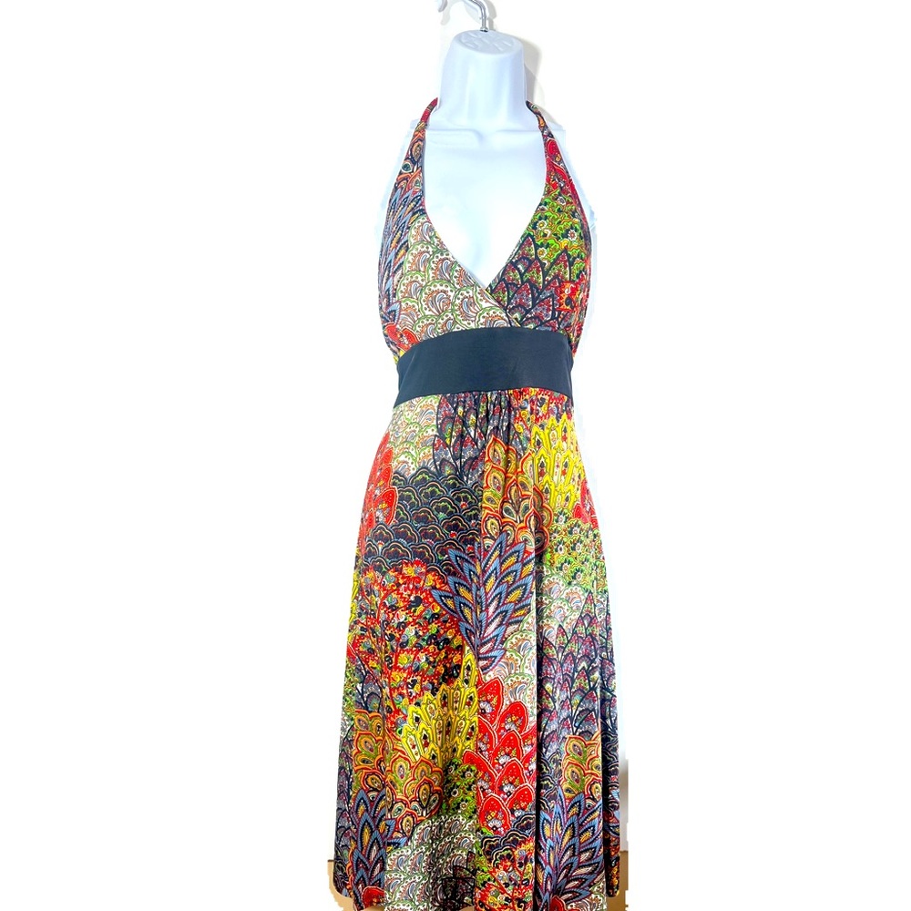 CRISTINALOVE BOHO PAISY PEACOCK FEATHER PRINT HALTER NECK midi size medium